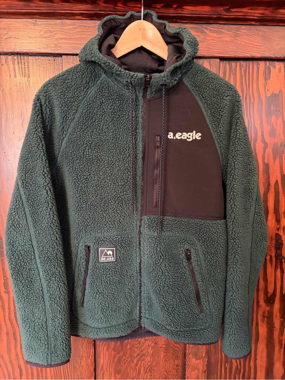 American Eagle Outfitters Dark Green Sherpa Hooded Jacket with Black Chest Panel